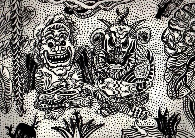 Два диких амазонских божества. Графический рисунок.