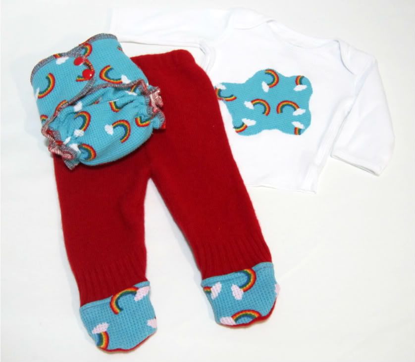 "Rainbow Blue!" Lambswool Footies, Diaper and Top Set - Small