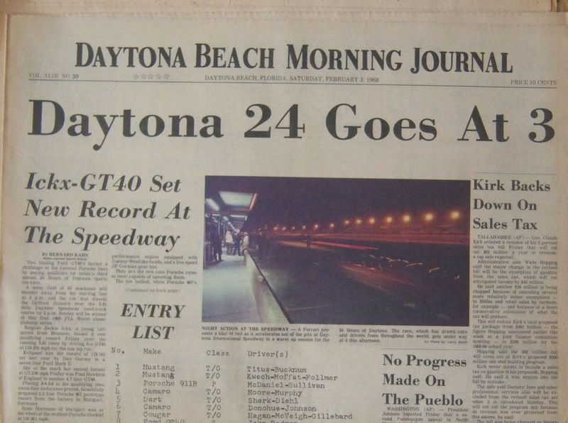 Original newspaper announcing the 1968 Daytona 24 hour race which included