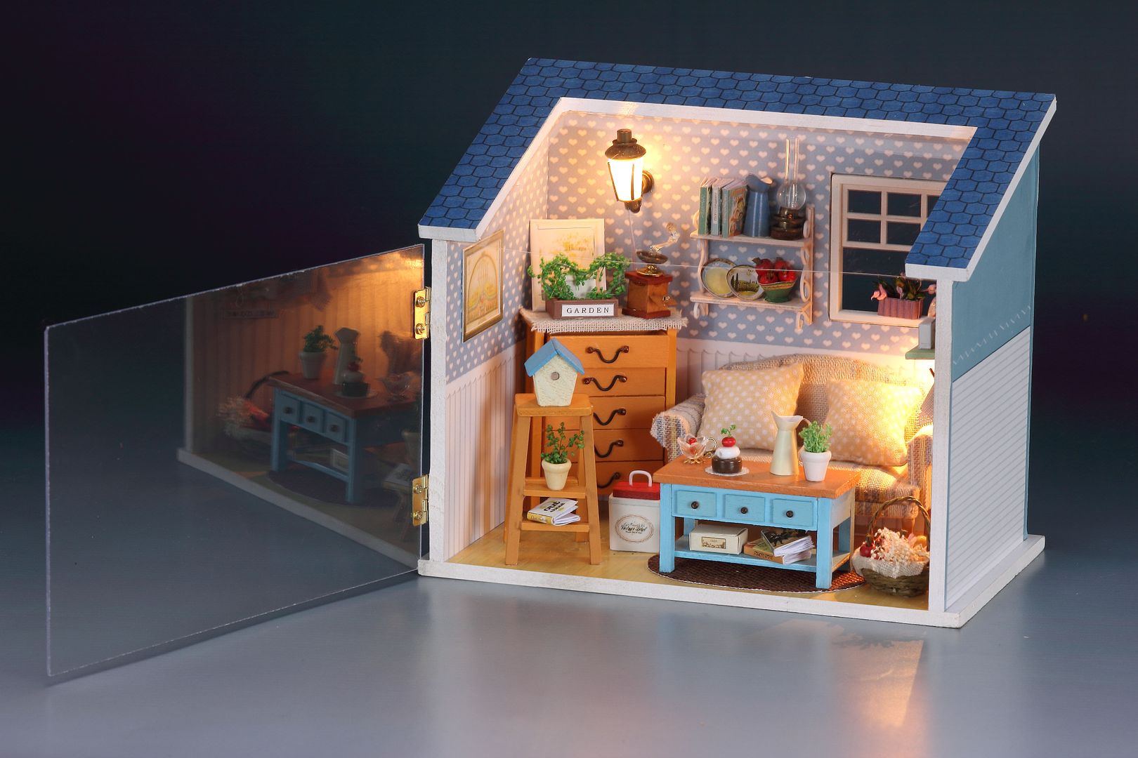 WOODEN DOLLHOUSE MINIATURE DIY Living Room WITH LIGHT | eBay